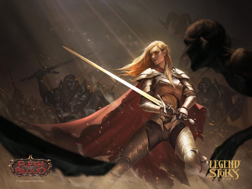 Card art for Dauntless. A female Warrior stands, sword at the ready, surrounded by unknown, ghoulish assailants.
