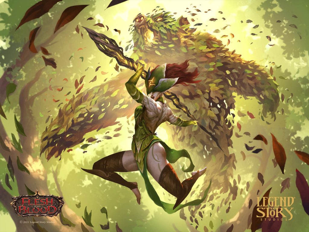 Stir the Wildwood. A druidic warrior woman leaps towards her unseen foreground foe. Behind her, the visage of a bear is forming from leaves to aid in her attack.