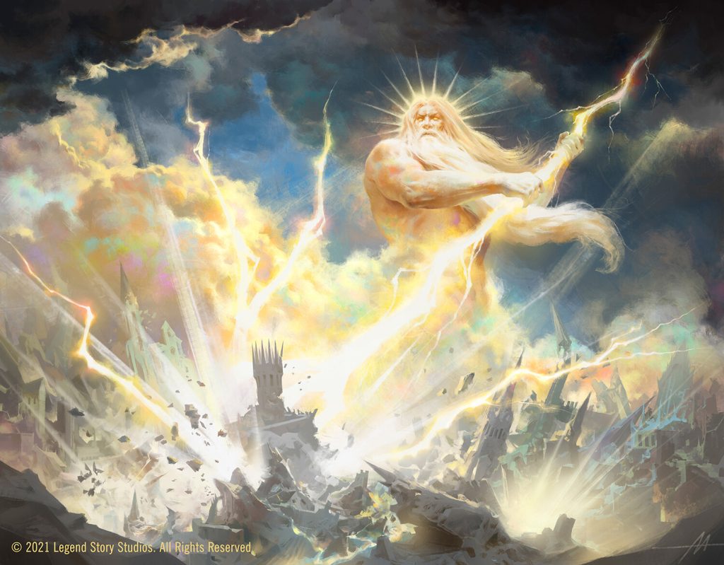 The card art of "Celestial Cataclysm" which shows a god-like being hurling a lightning bolt on a building.