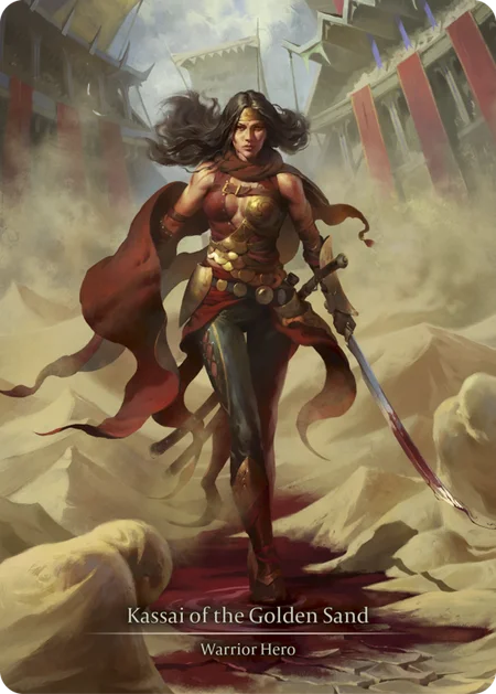 A woman, sword in hand, faces the viewer. She's surrounded by the sand of a gladiatorial arena.
