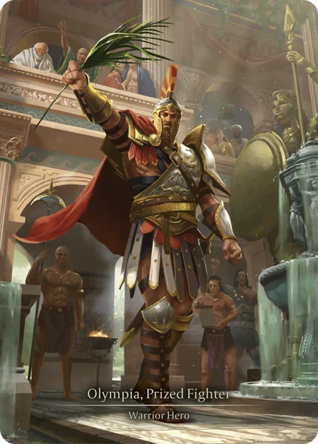 A man enters a gladiatorial arena. He holds out an olive branch and wears a crested helm.